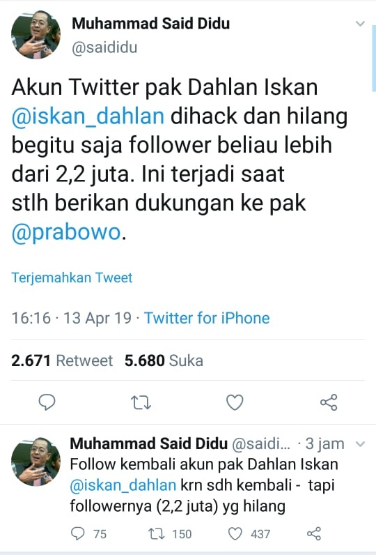 Akun Twitter Dahlan Iskan Di-hack, 2,2juta Follower Lenyap, Netizen Geram