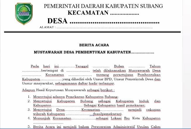 Ini Poin-poin Yang Harus Tertuang di Berita Acara Musdes Pemekaran Subang Utara