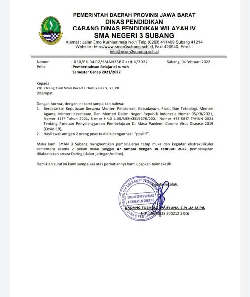 Dua Siswa SMAN 3 Subang Terpapar Covid-19, Pemkab Wacanakan Pembelajaran Jarak Jauh