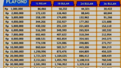 Tabel Angsuran Pinjaman Kur BRI Rp 1 jt-Rp 100 jt, Bunga