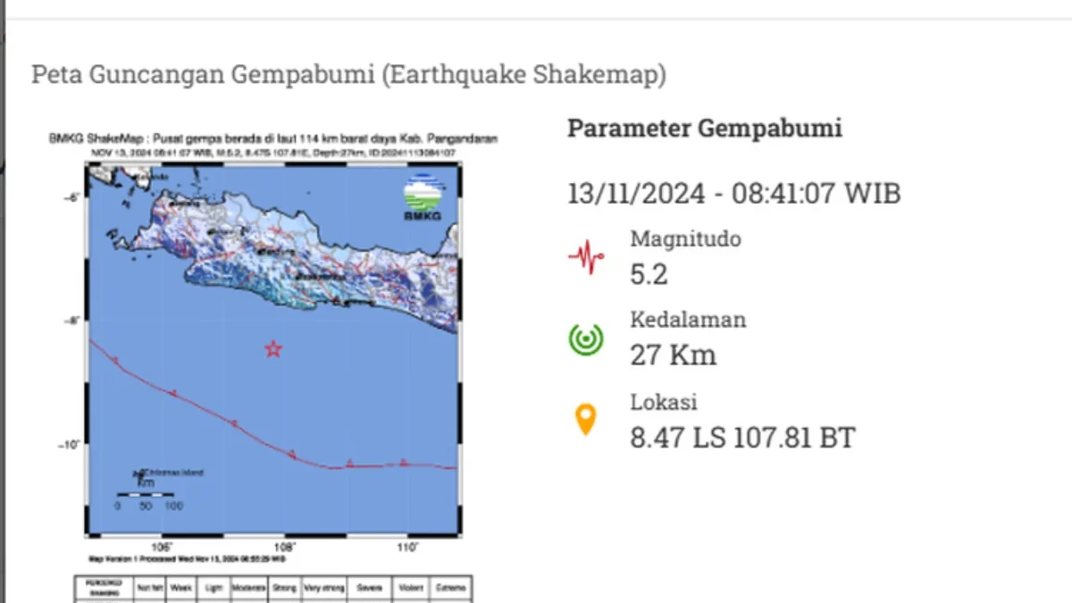 Tangkap layar peta guncangan gempa bumi Pangandaran M 5,2(BMKG)