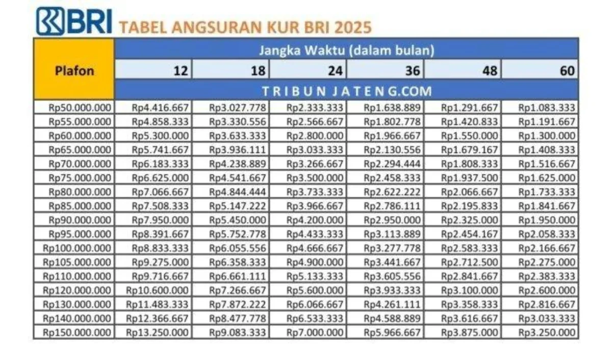 Tabel Angsuran KUR BRI 2025 Rp50-150 Juta dok.BRI