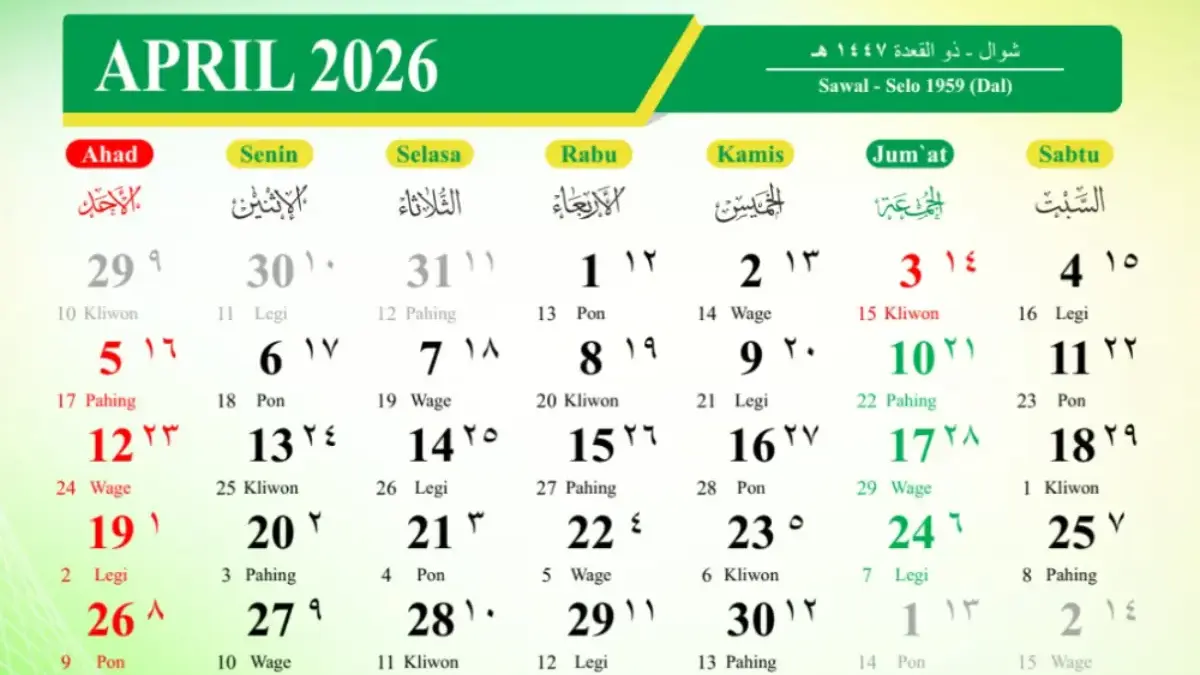 Kalender April 2026, Lengkap dengan Tanggal Merah, Libur Nasional dan Cuti Bersama